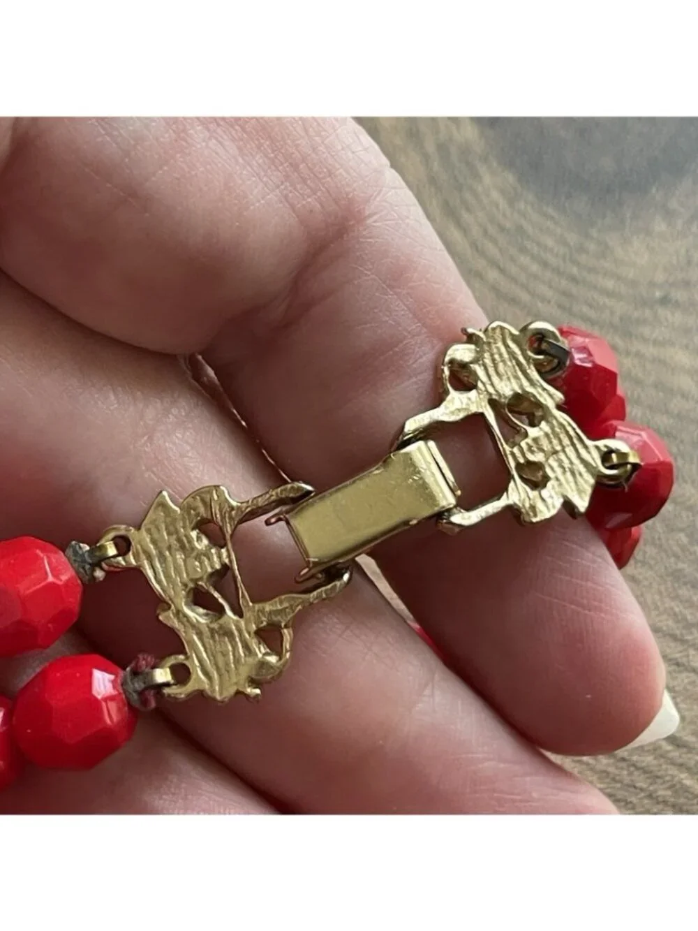 Vintage Red Beaded Double Strand Bracelet Faceted Glass Gold Tone Leaf Clasp